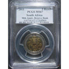 MS67 GRADED PCGS - 2011 SARB R5. HIGH GRADE. ONLY 1 AVAILABLE. Few graded this high!